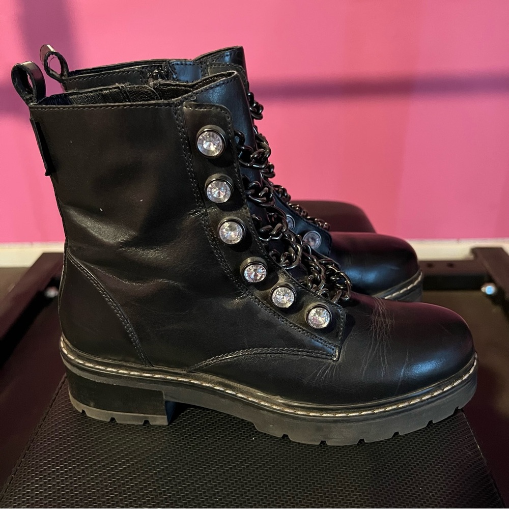Kurt Geiger London leather black combat boots rhinestones chains 38 1/2 size 8